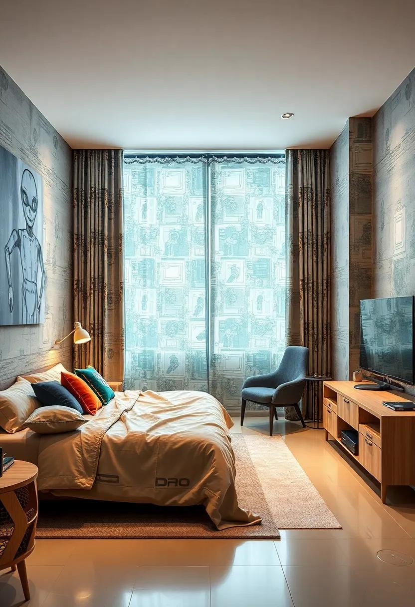 Design curtains or blinds with robotic prints or patterns reflecting a tech-driven vibe