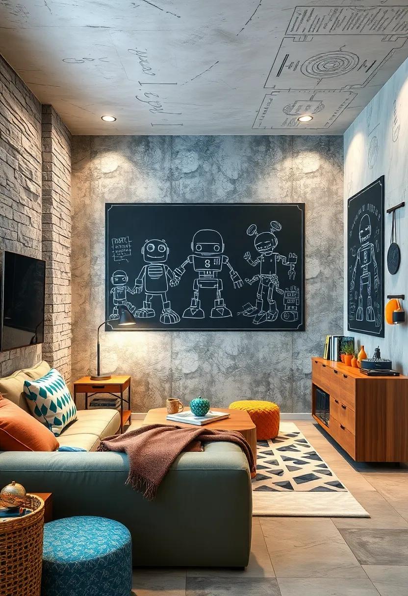 Include a robot-themed chalkboard or whiteboard wall for doodling and brainstorming ideas