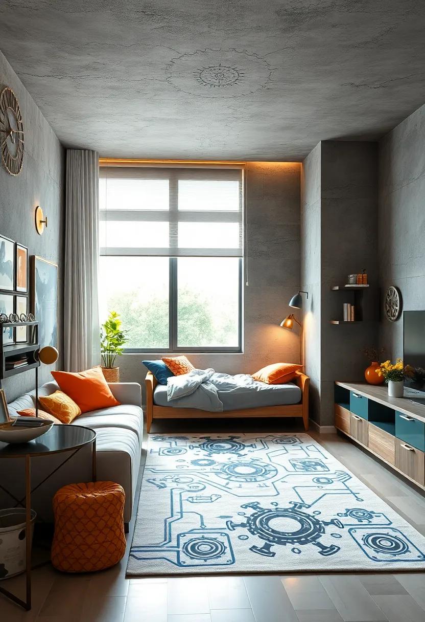 Incorporate a robot-themed rug featuring circuit patterns or mechanical gears for floor interest