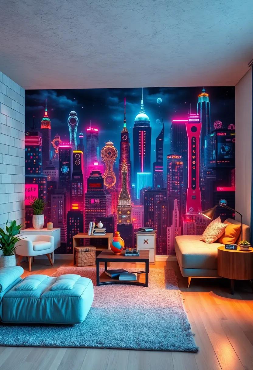 Install a wall mural featuring a sprawling robot cityscape with glowing neon accents to ignite imagination