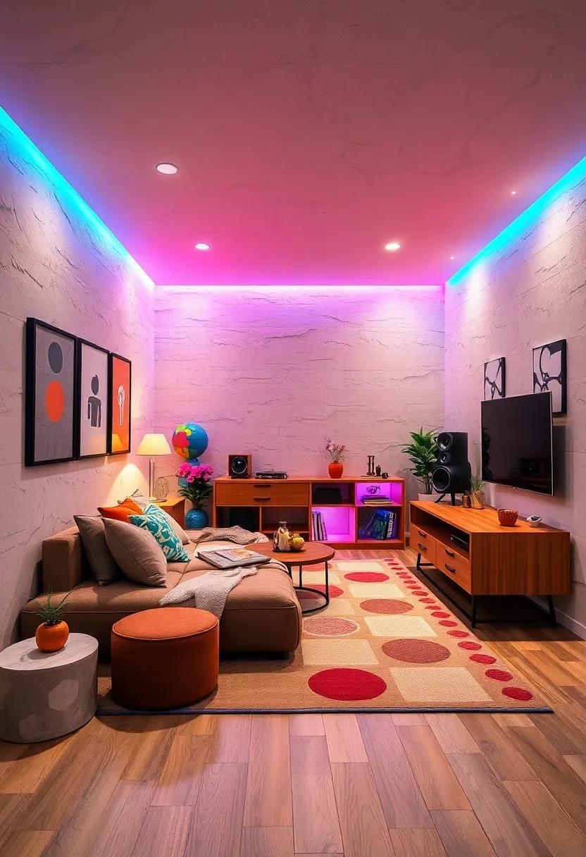 Integrate voice-controlled smart lighting that changes colors to match different moods or activities