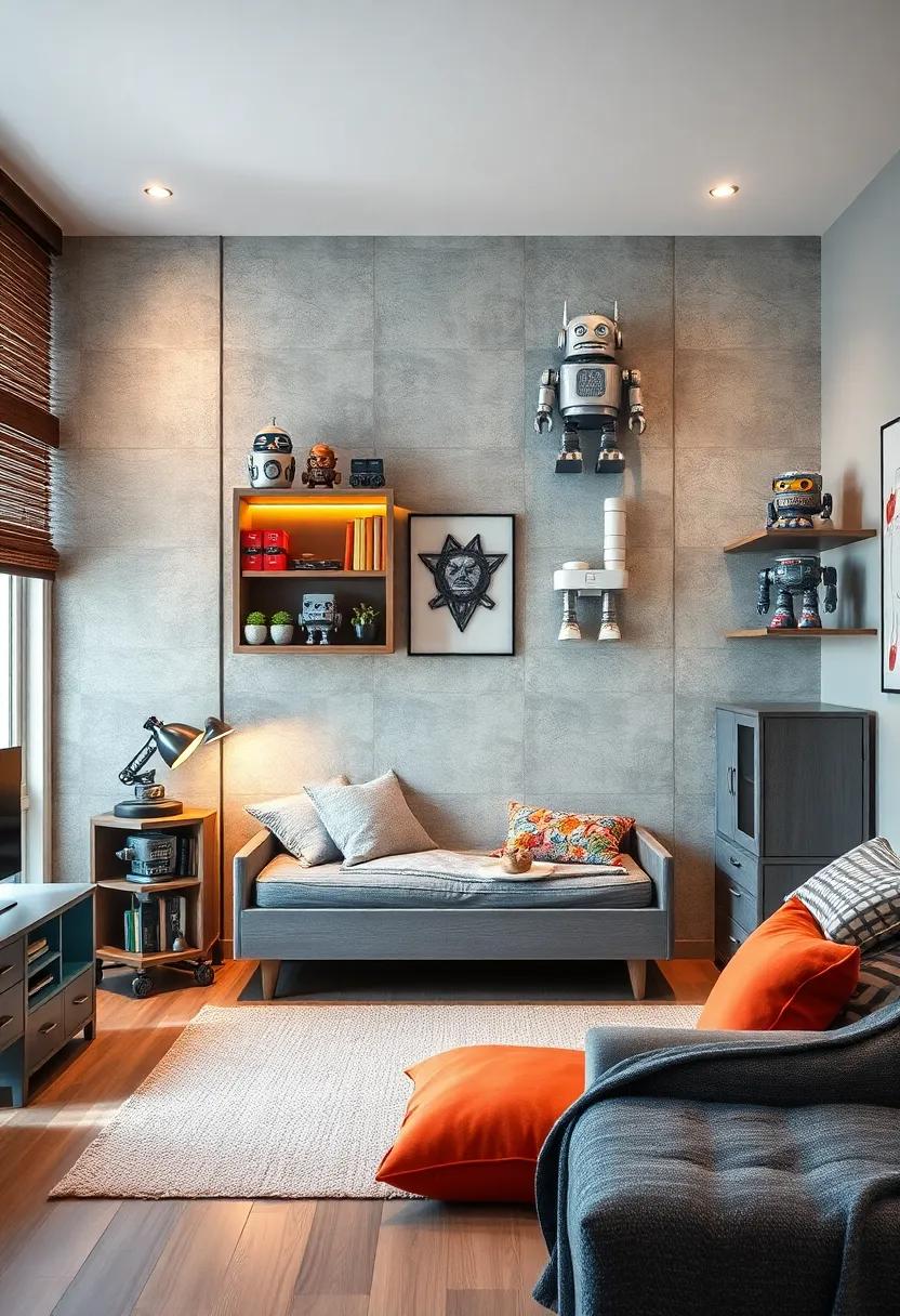 Place robot-shaped shelves and storage bins to keep the room organized with style