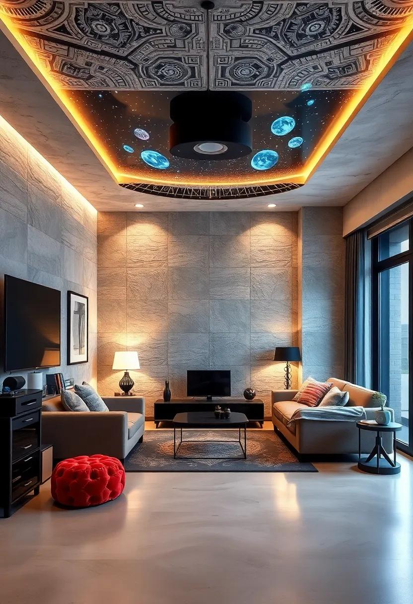 Use a robotic planetarium projector to display stars and futuristic visuals on the ceiling at night