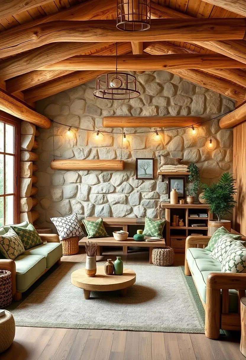 A cozy cabin-inspired room ‌featuring log furniture and soft moss-green accents to evoke the serenity of the forest