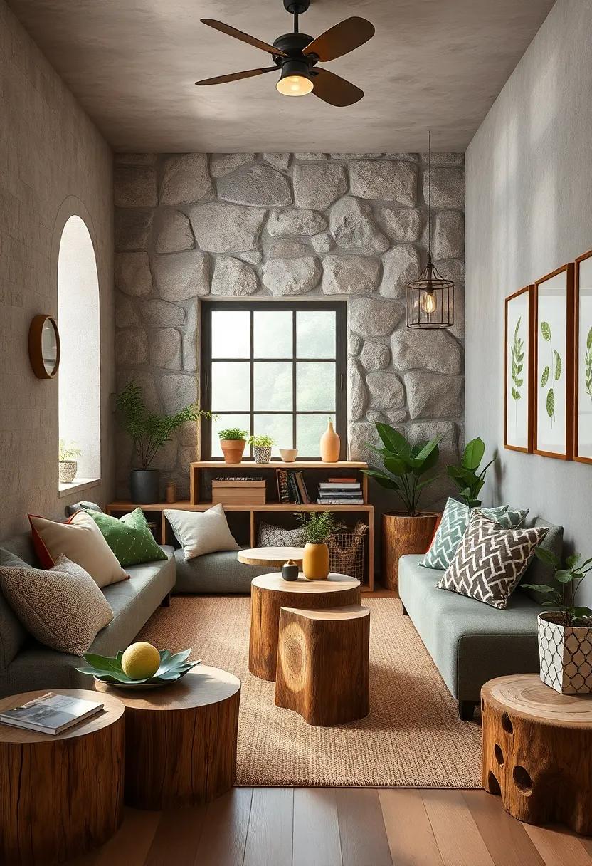 A nature-inspired study area with tree stump seating,leafy desk organizers,and‌ botanical prints