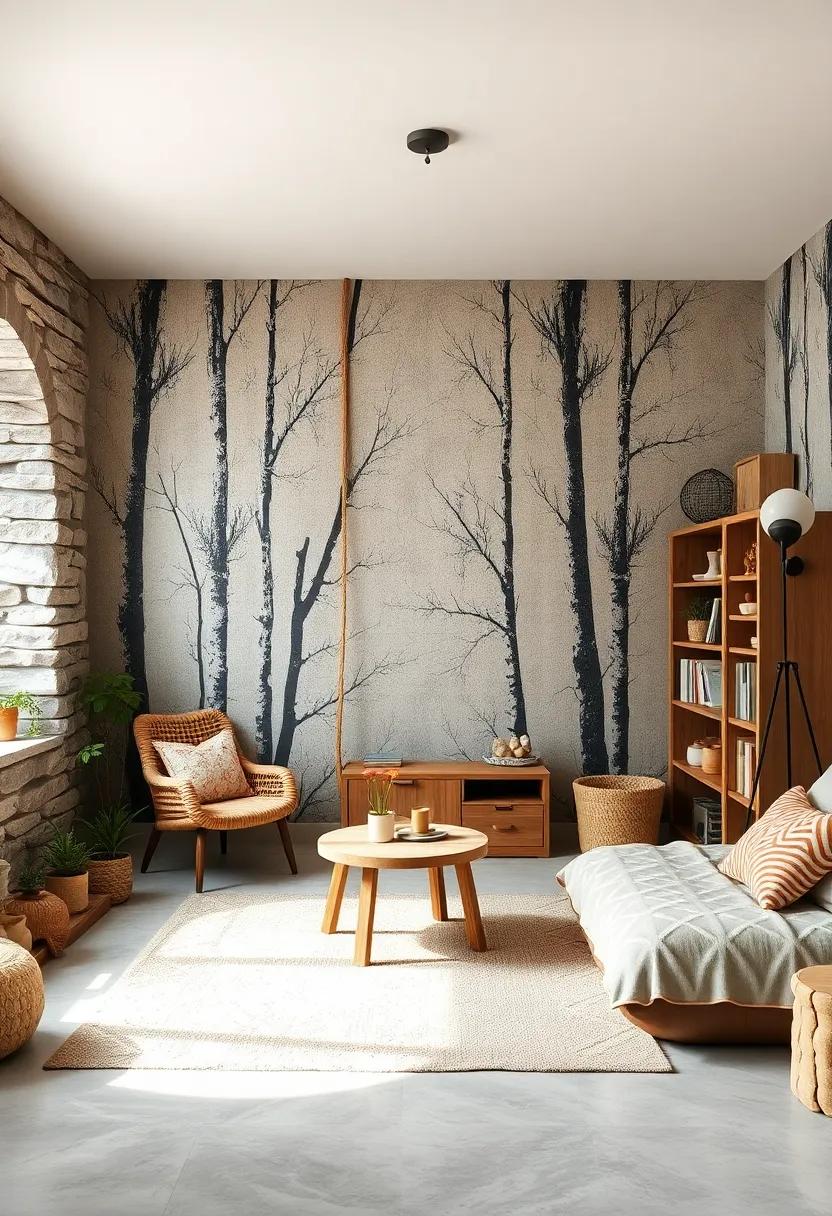 A fairy-tale glade complete with ‌fairy silhouettes, birch tree wallpaper, and a rustic wooden bookshelf