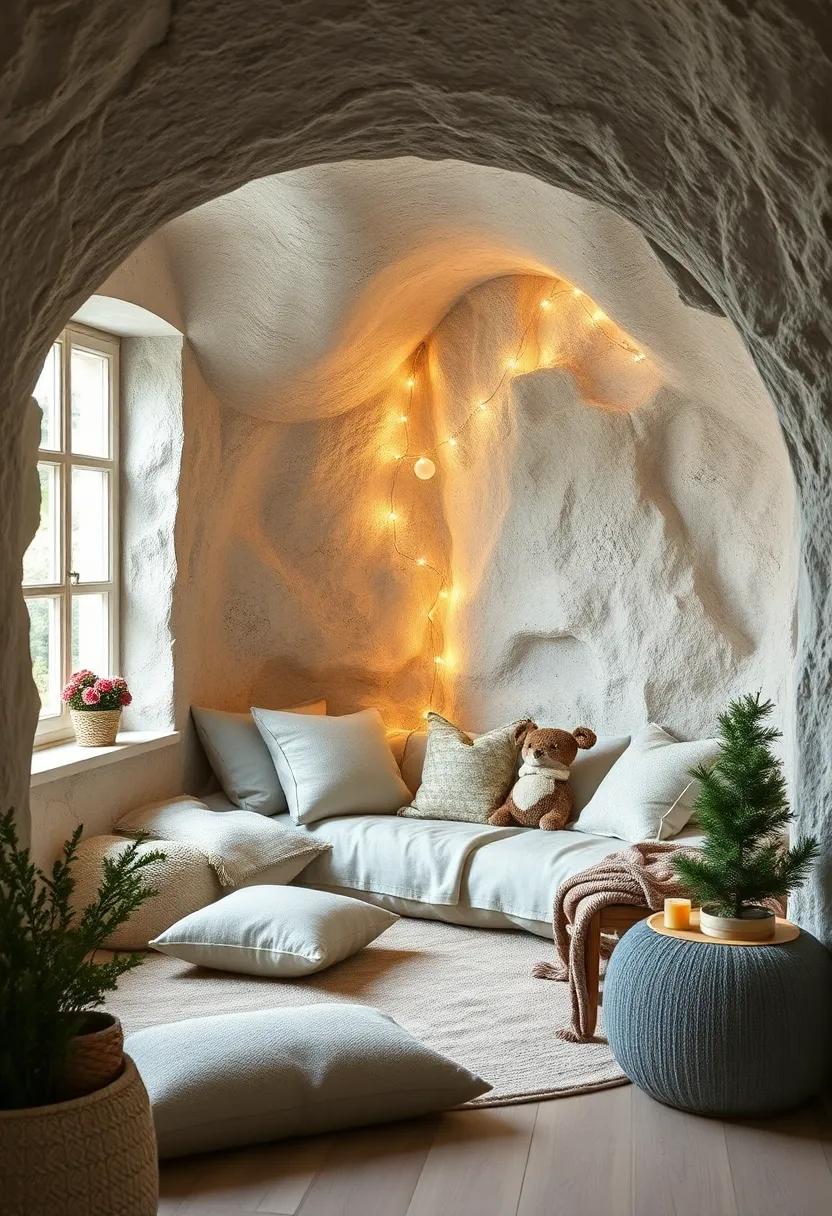 An enchanting corner reading spot resembling a woodland cave, filled with soft cushions and twinkling light strands
