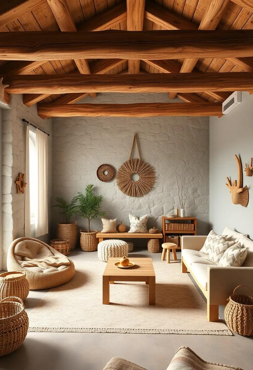A minimalist forest cabin room using raw ​wood beams, woven baskets, and leaf-patterned textiles ‌for subtle charm