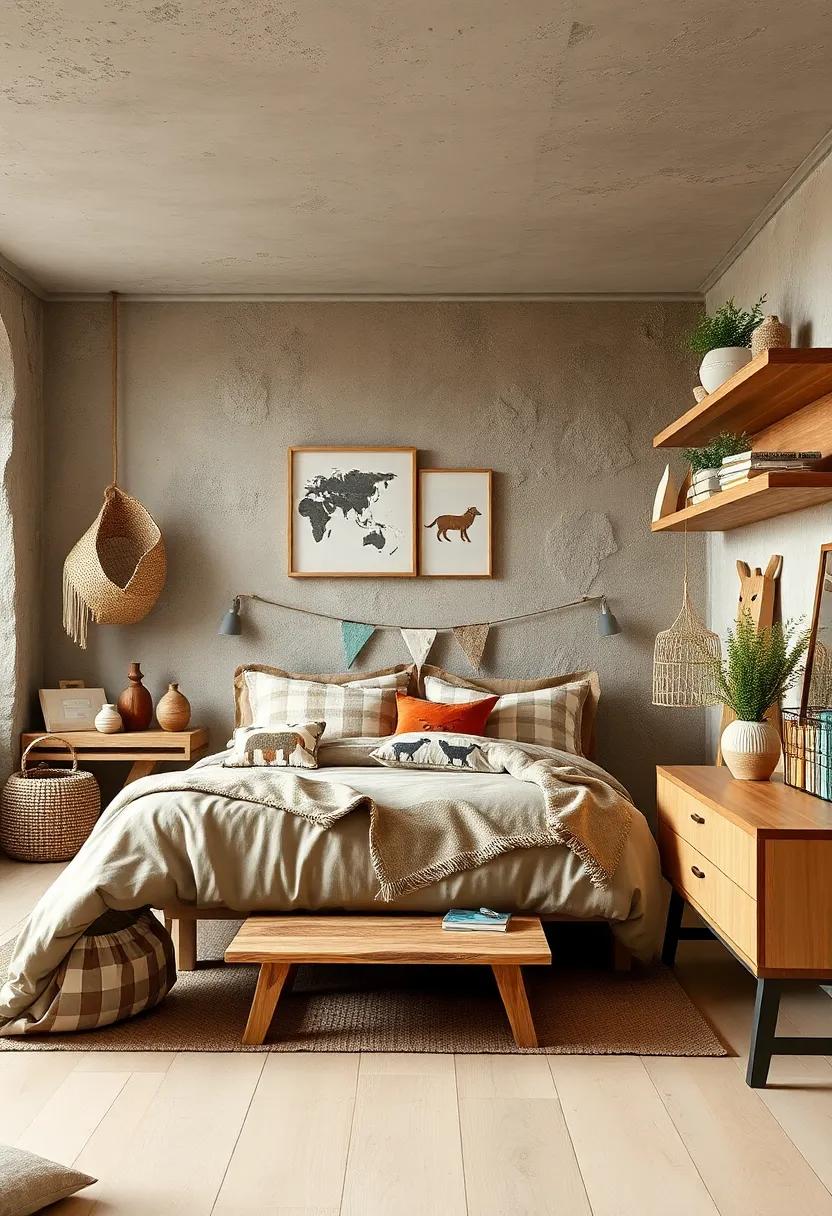 A nature explorer theme with earth-toned bedding, animal⁣ prints,‍ and custom shelving made from reclaimed wood