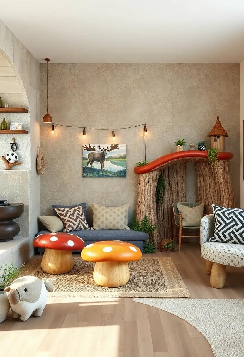 A playful campfire setup⁤ with a faux fire pit rug, log stools, and cozy plaid blankets​ for storytelling​ evenings