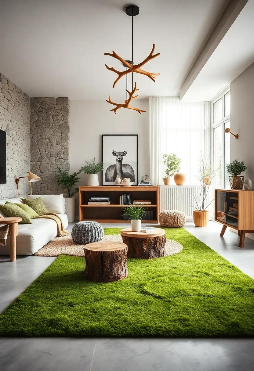 A mossy forest floor ⁢effect using green rugs and tree trunk stools, complemented by antler-inspired lighting fixtures