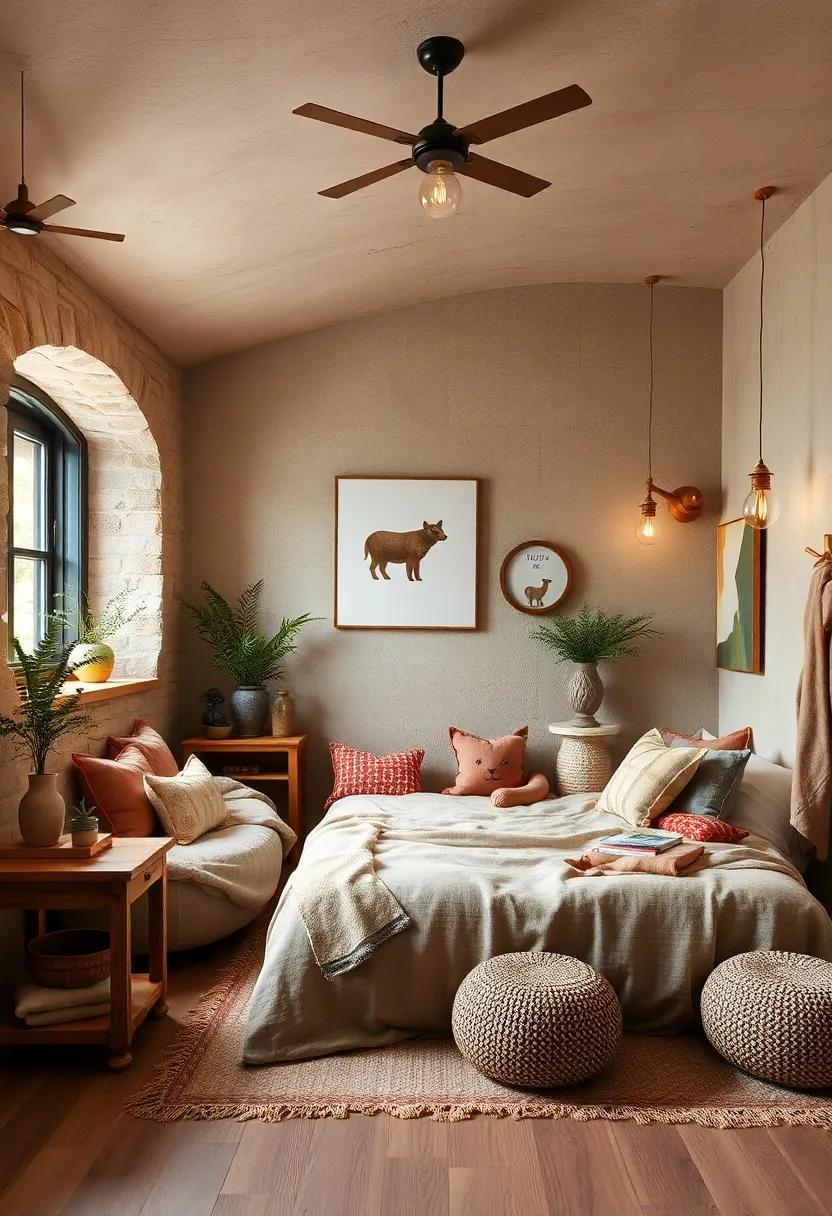 A muted ‍earth⁢ palette combined with whimsical forest creature motifs and vintage lantern-style‌ lamps