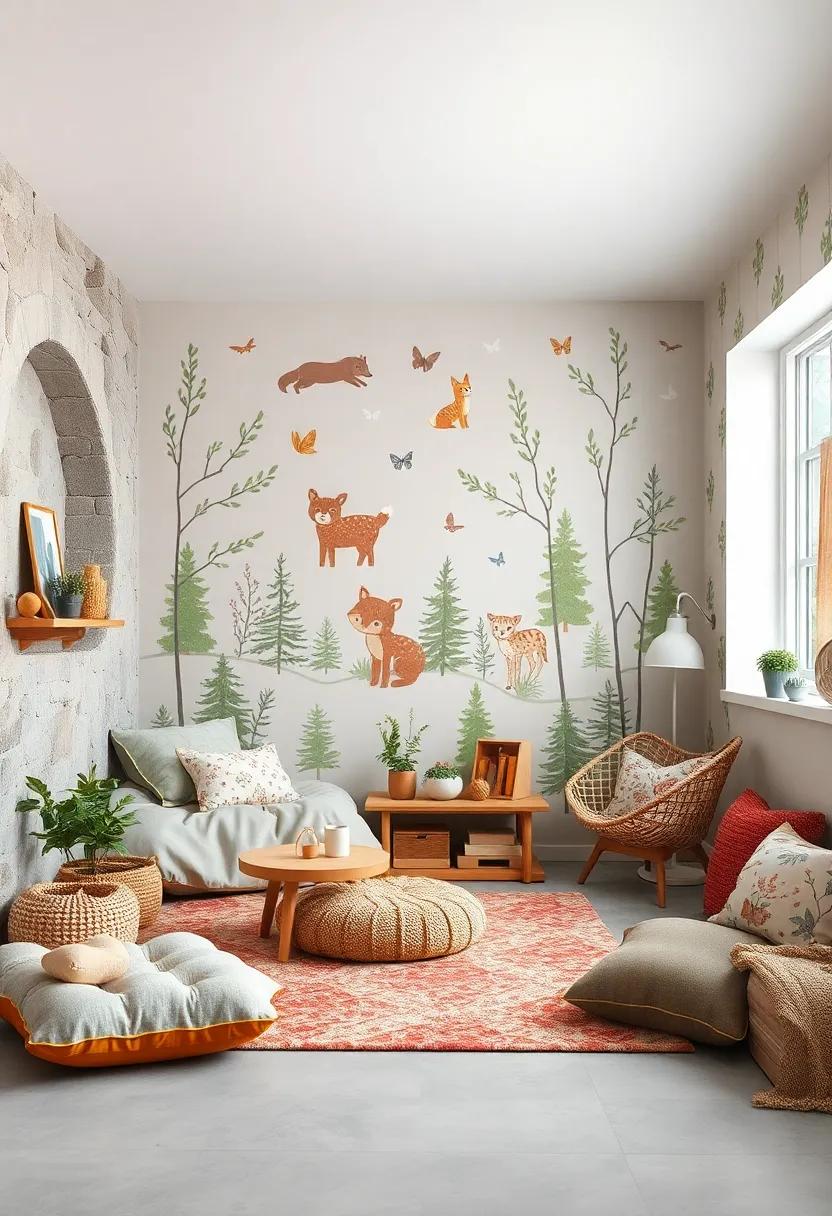 A woodland creature parade with hand-painted animal decals, nature-inspired wallpaper, and earthy floor cushions