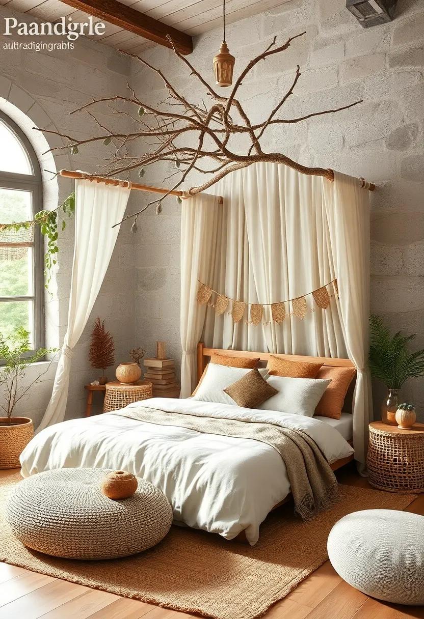 A whimsical birch tree canopy bed surrounded by ​leaf ‍garlands and⁢ natural woven textures