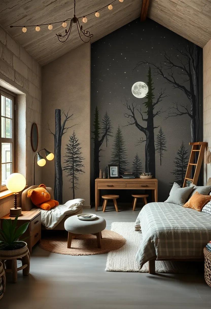 A moonlit forest ⁤concept featuring starry night murals, dark wood accents, and glow-in-the-dark woodland critters