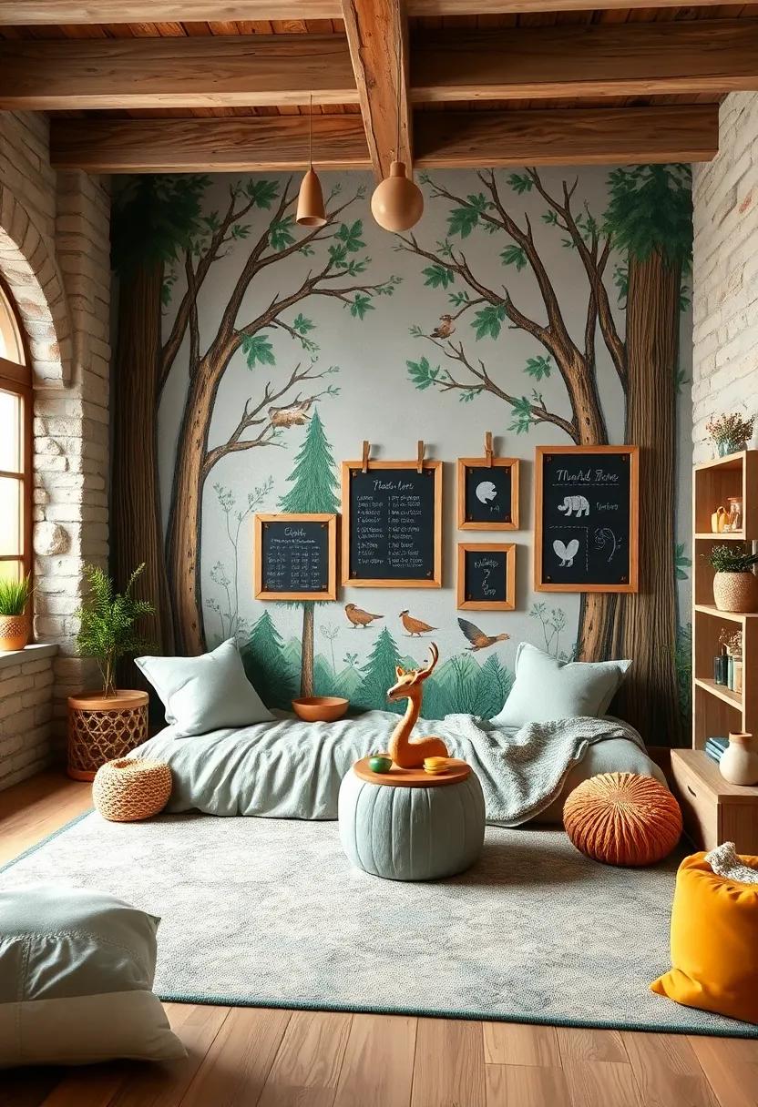 An interactive forest​ mural wall with chalkboard paint sections, nature-inspired growth charts, and wooden frames