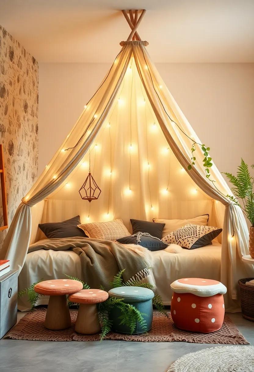 A dreamy tent-style bed draped in fairy lights,surrounded by plush ferns and mushroom-shaped stools