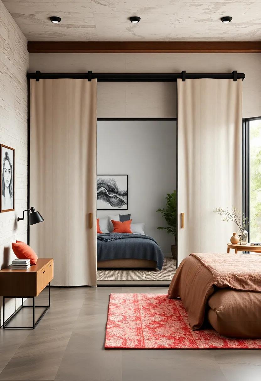 Use sliding doors with fabric panels to introduce texture and softness while hiding clutter