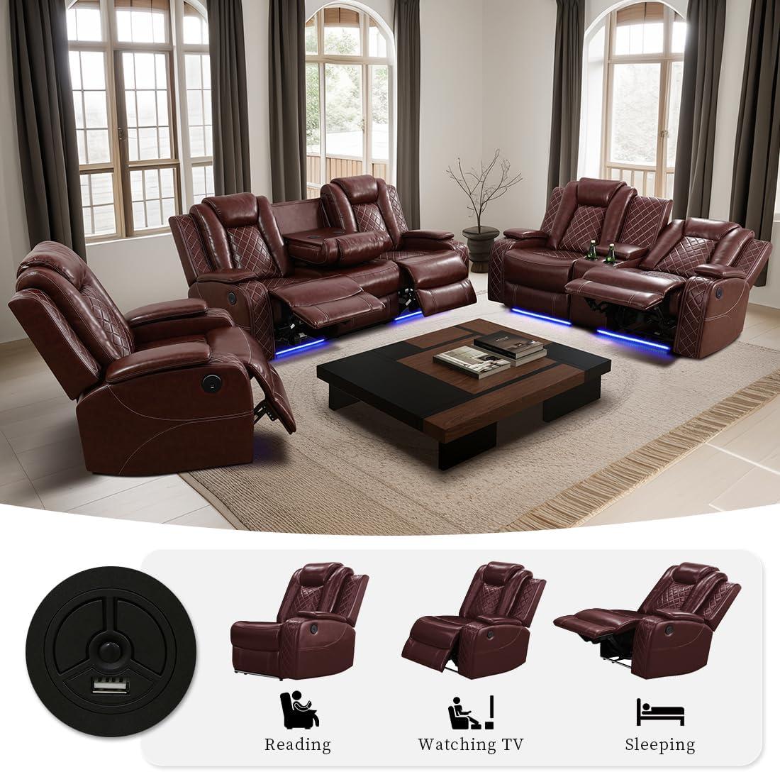 Our Honest Take: Brown leather Recliner Set with storage & LED Lights
