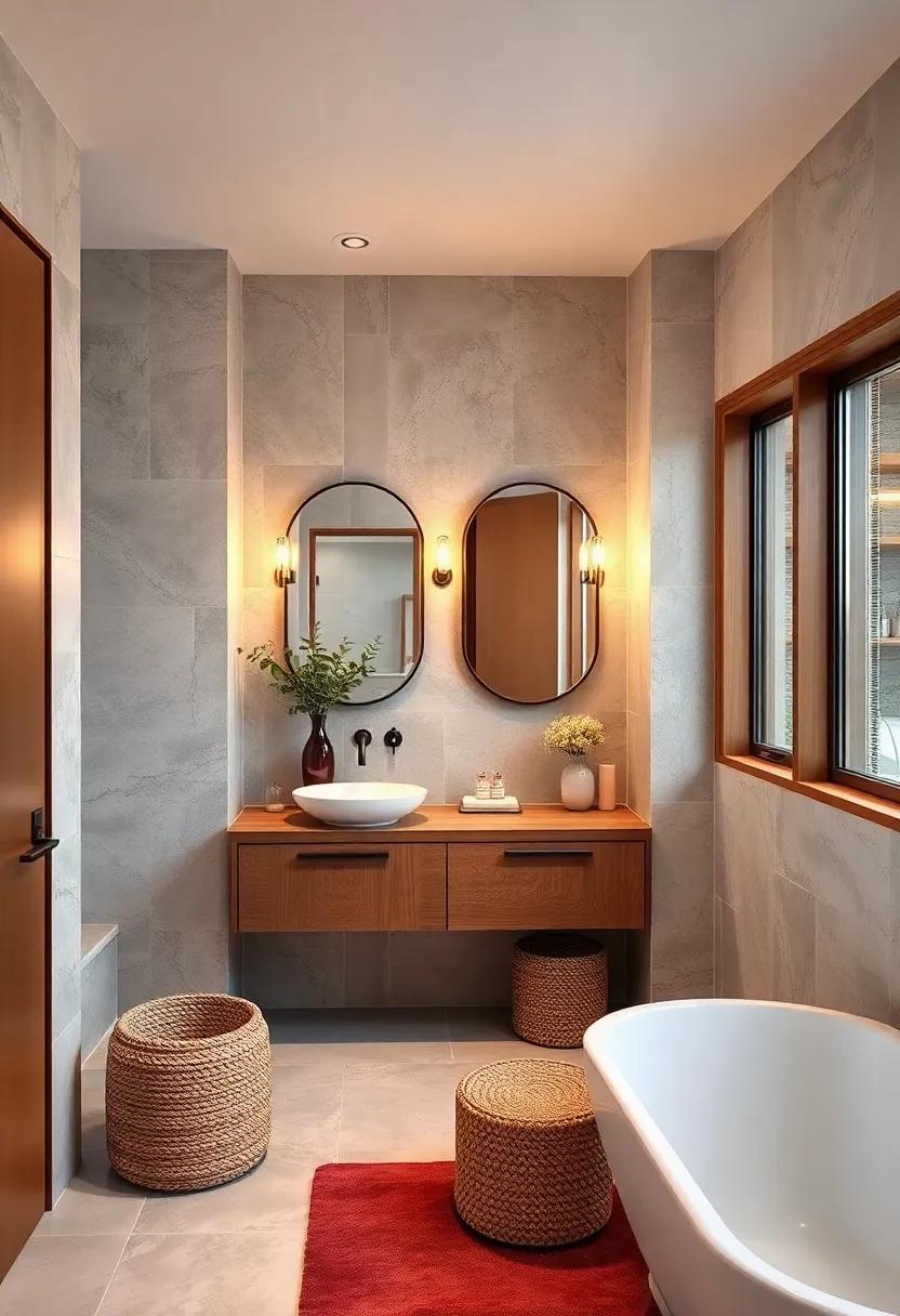Warm-toned Vanity Lights Framed with Wooden Trim