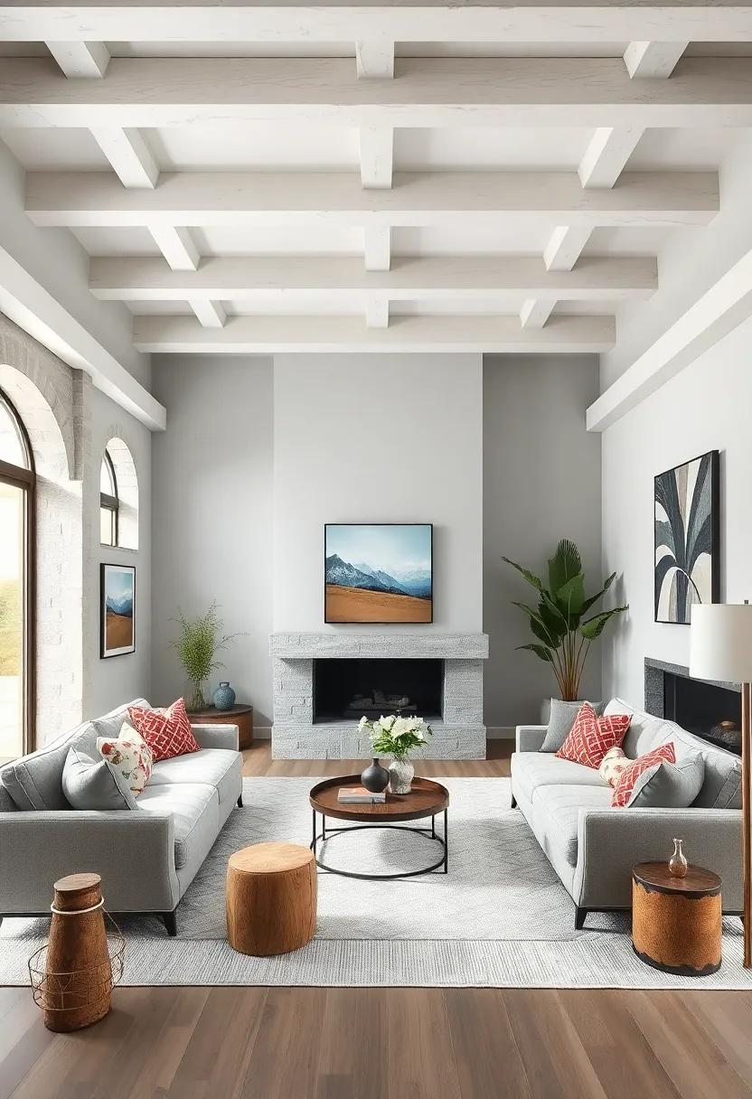 Cloud Gray⁤ with⁤ Crisp⁢ White​ Ceiling Beams for⁤ a ⁣Modern Rustic Appeal