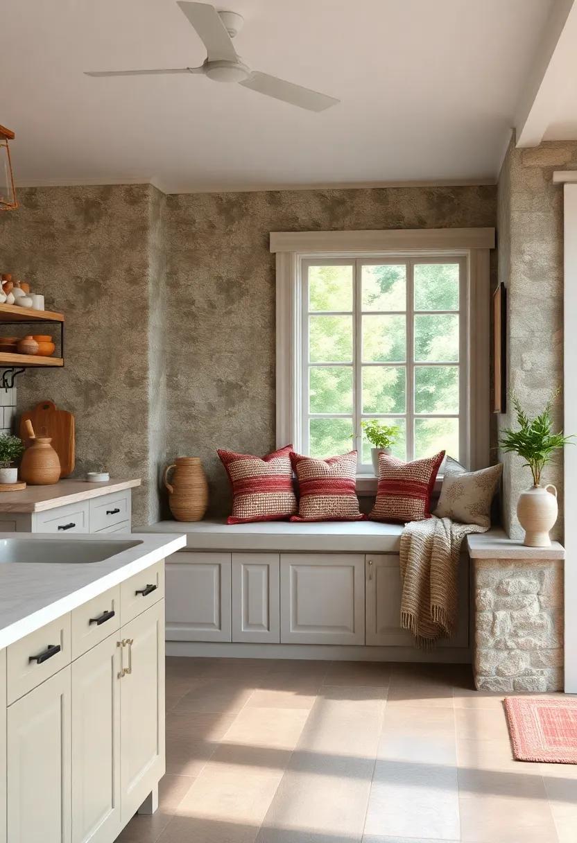 Cozy Window Seat Nook with Woven Cushions and Throw Blankets