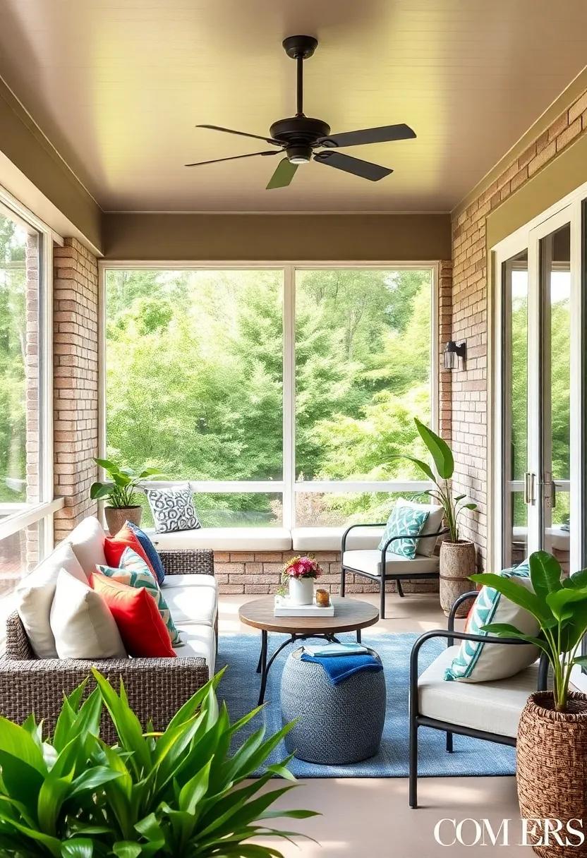 Add a built-in window seat along the sliding door wall for a cozy nook that captures outdoor views