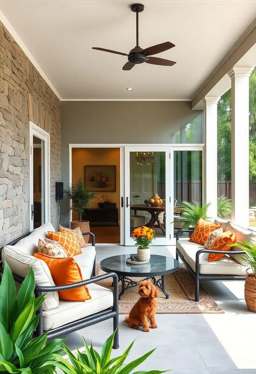 Incorporate sliding doors with built-in pet doors for seamless access if you have furry family members