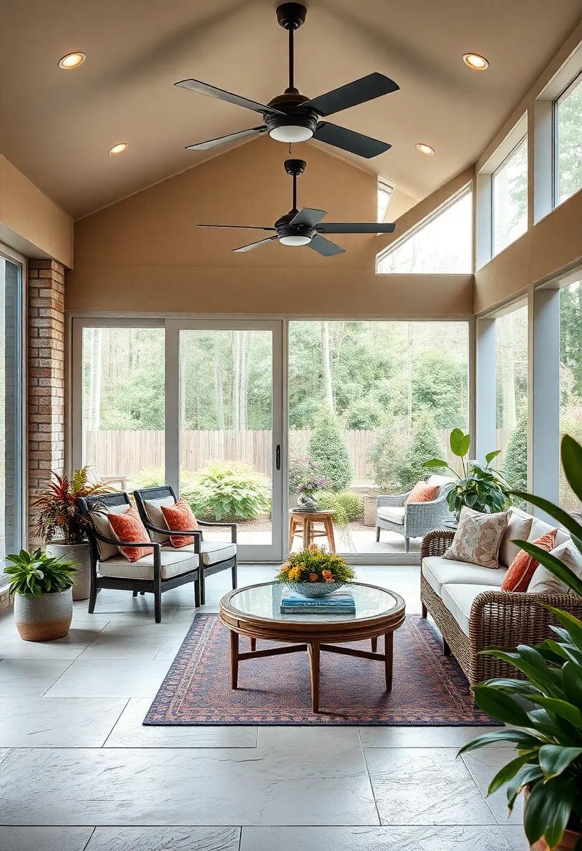 Pair sliding doors with ceiling fans and ambient lighting to create an inviting atmosphere any time of day