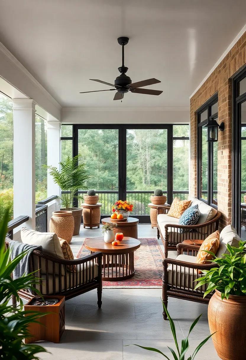 Use sliding doors to divide your screened porch into functional zones, like dining and lounging areas