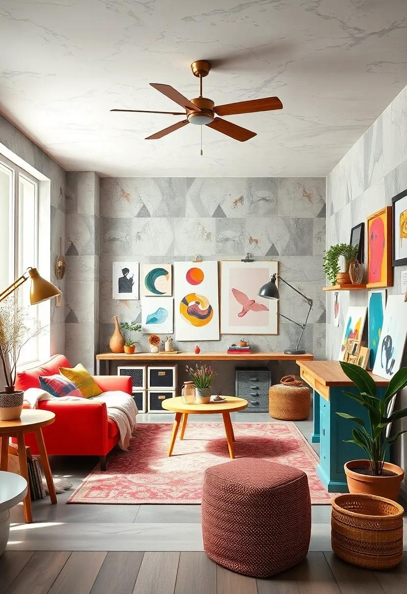 Use wallpaper or decals featuring artistic patterns or themes for a creative vibe