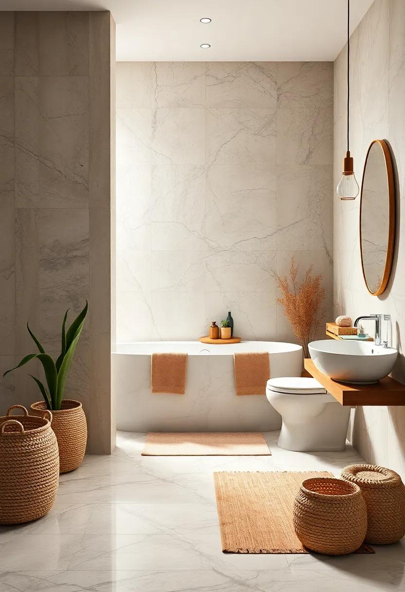 Experiment with contrasting textures, such as smooth marble and rough woven baskets