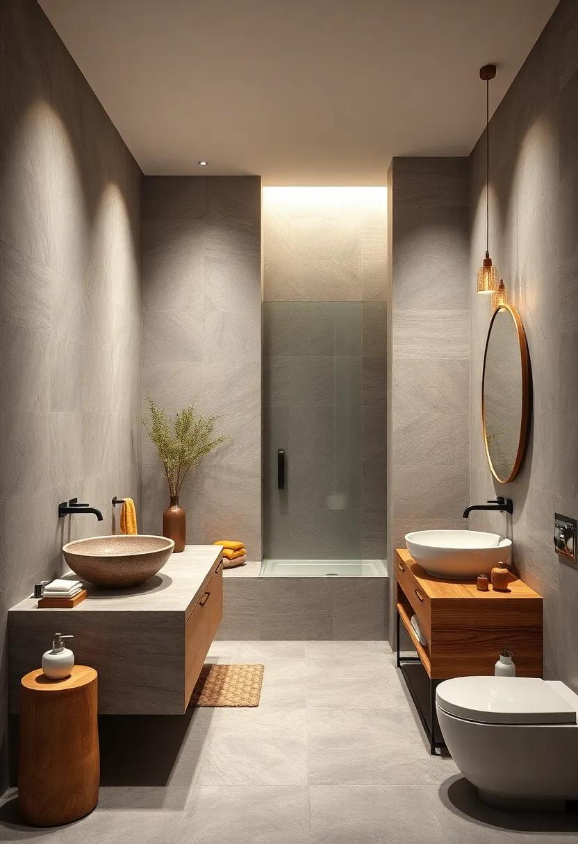 Incorporate natural elements like wooden accents and stone sinks for a spa-like ambiance