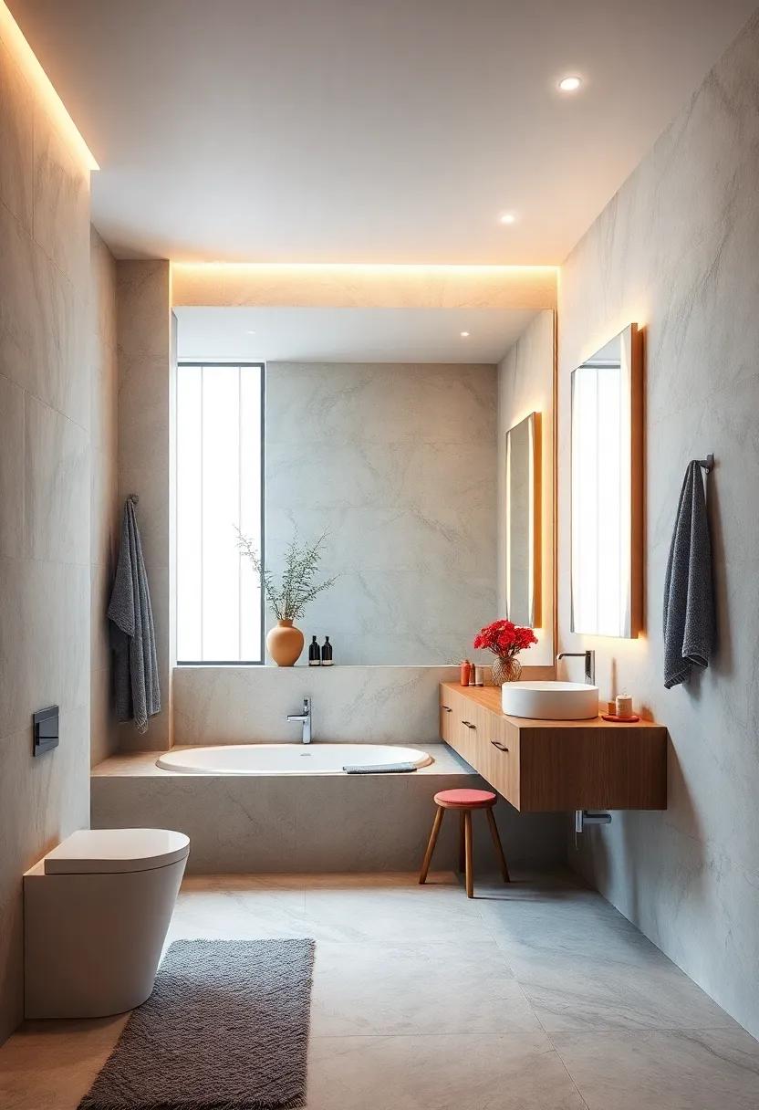 Install oversized mirrors with backlighting to enhance depth and add a touch of luxury