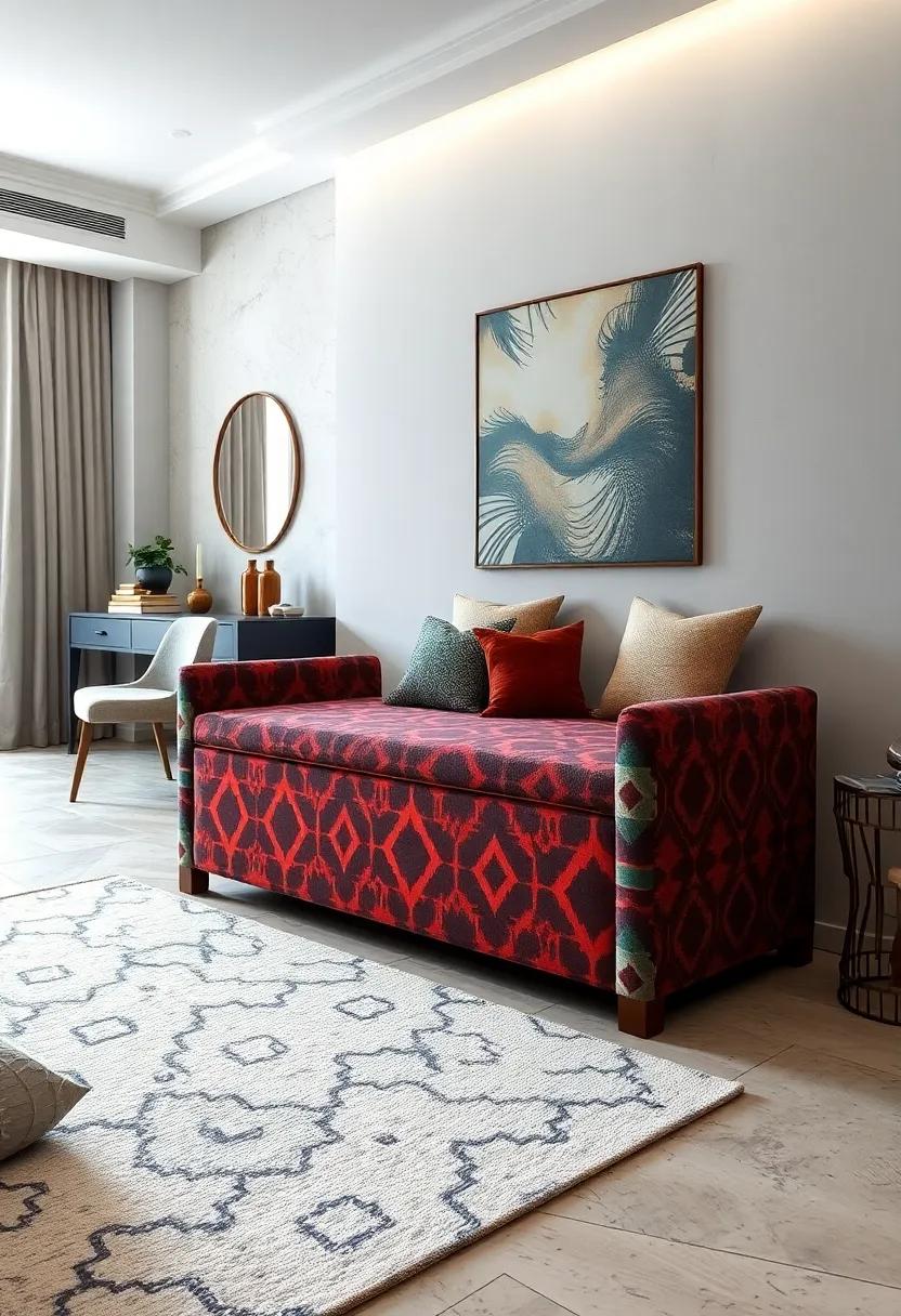Bold Geometric Patterned Storage Bench - Eye-catching design meets practicality with unique fabric patterns and ample interior space