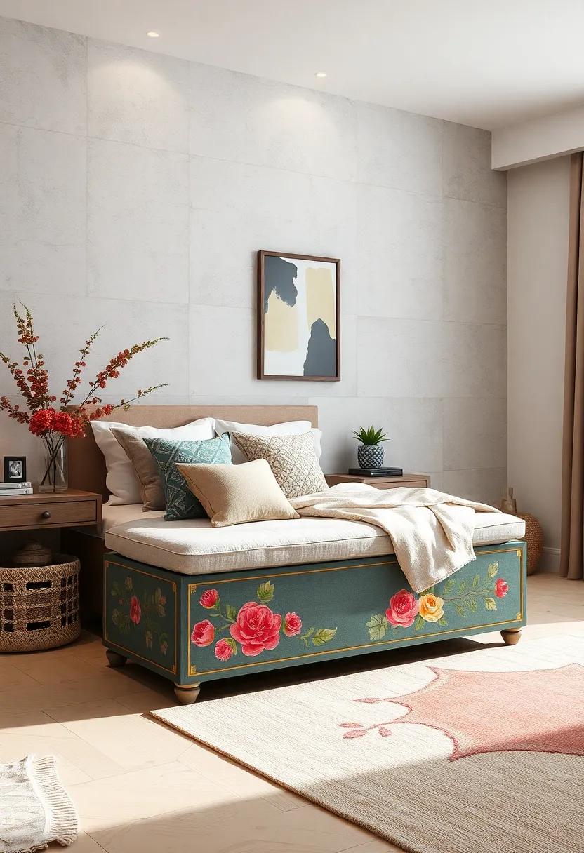 Hand-Painted Artistic Storage Bench - Make a statement with hand-painted details while enjoying clever concealed storage for everyday tidiness