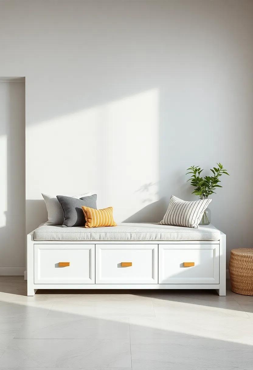 Scandinavian Minimalist Storage Bench - Clean white finish with subtle wooden accents create a fresh, airy feel while hiding away essentials