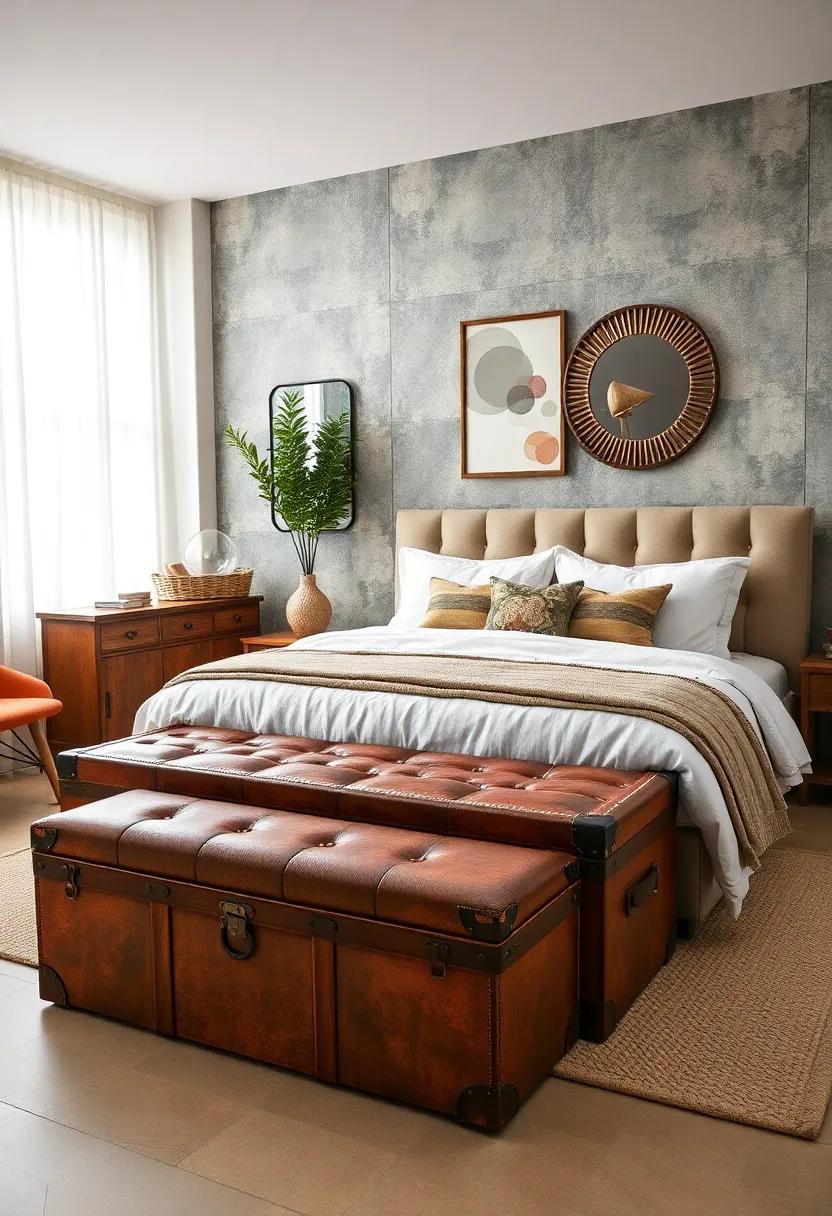 Vintage Leather Trunk Bench - Classic trunk design with distressed leather, perfect for adding character and practical storage at your bedroom's foot