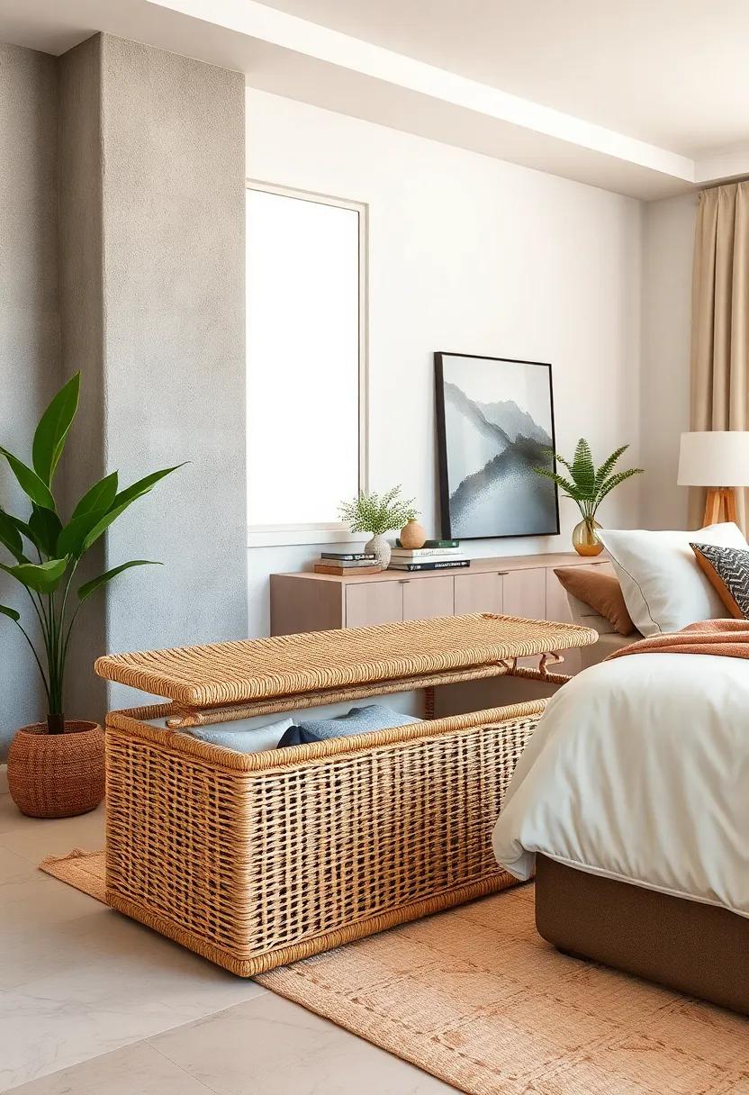 Woven rattan Storage Bench - Bring natural texture and island-inspired vibes while keeping your bedroom tidy with a rattan lid that opens to storage