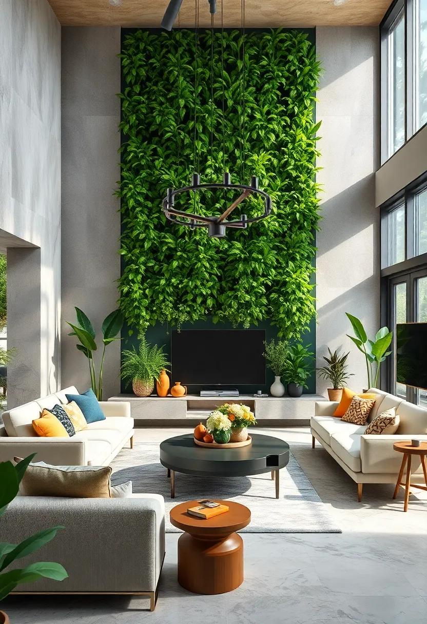 Embrace nature indoors with a lush vertical garden wall that transforms your living room into a vibrant oasis of green, enhancing both air quality and serenity