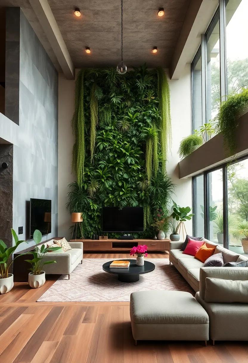 Develop a thematic living room with a vertical garden reflecting a tropical rainforest, complete with hanging plants and vibrant greens