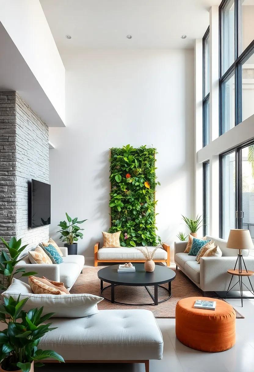 Showcase a minimalist living room featuring a sleek vertical garden, where varying shades of green add depth and a calming contrast to neutral tones