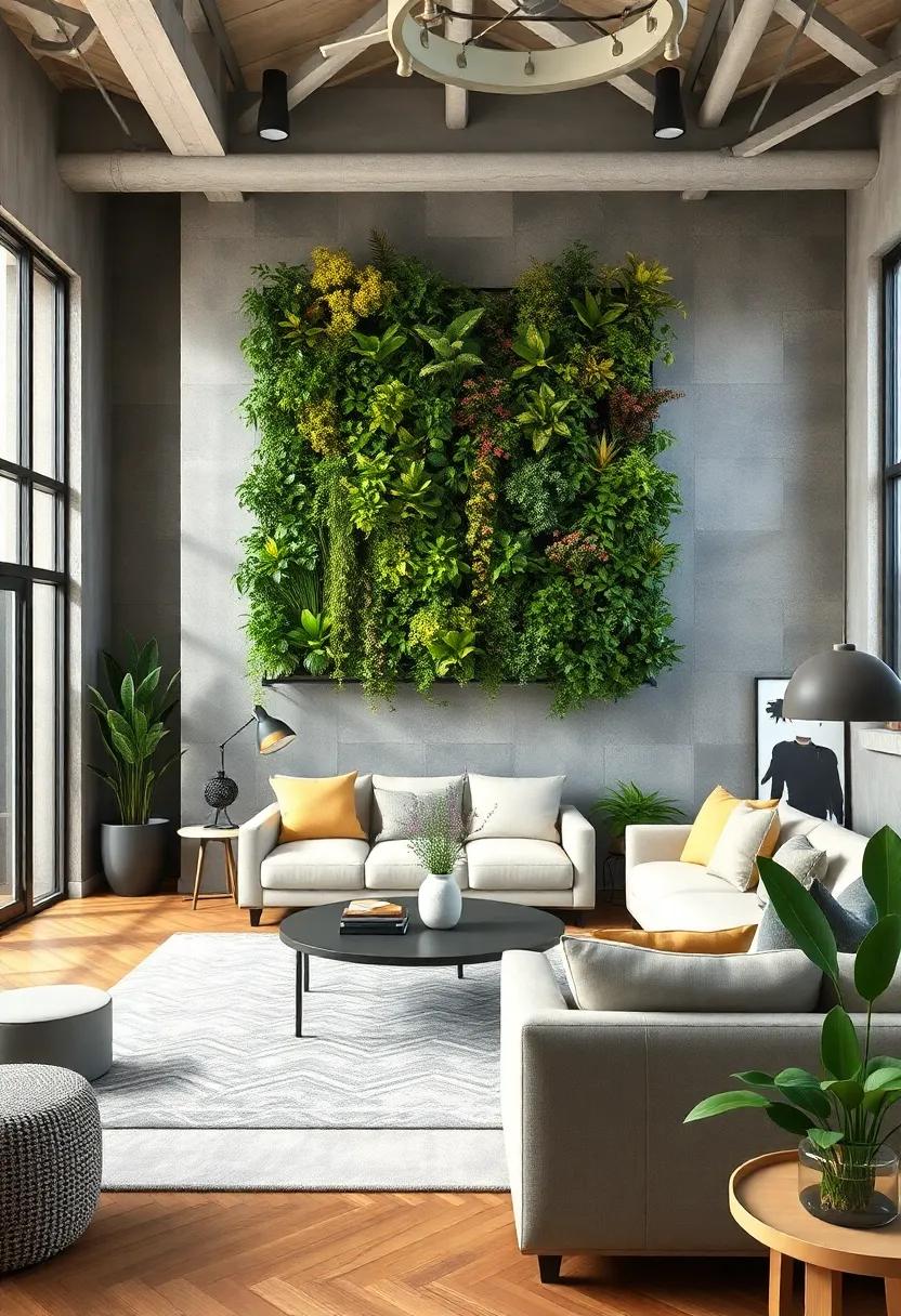 Pair a bold vertical garden with industrial-style furnishings to soften harsh elements and introduce organic textures to the living room