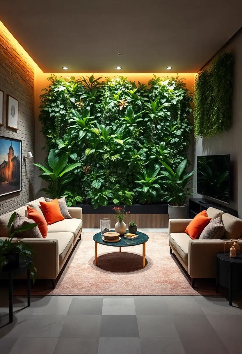 Highlight your vertical garden with subtle spotlights that bring out the natural colors and shapes of your plants, enhancing nighttime ambiance