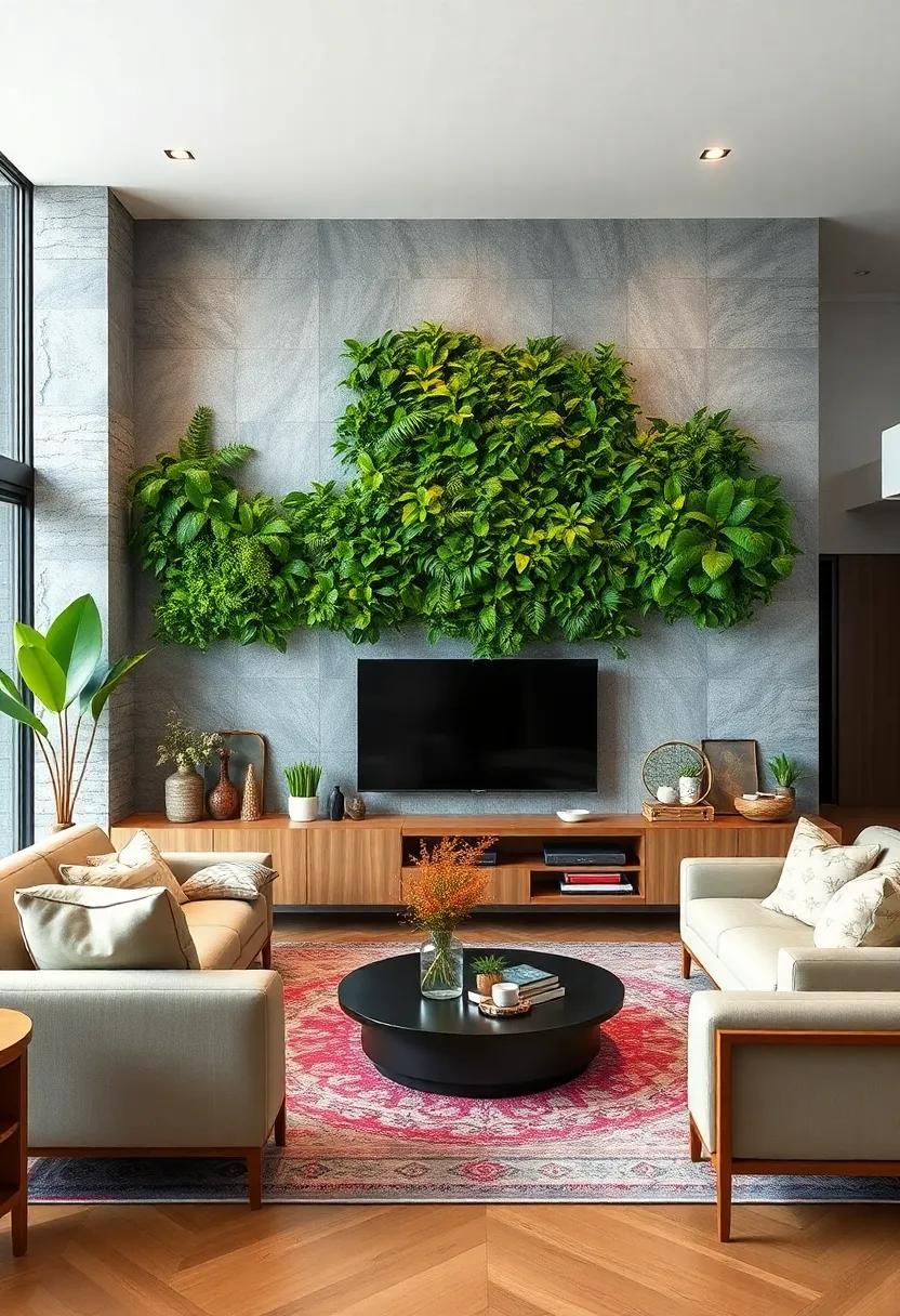 Use a vertical garden as a backdrop for your entertainment center, creating a refreshing contrast to electronic devices and screens