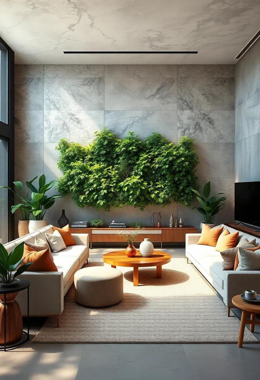 combine a vertical garden with contemporary artwork,weaving nature into creative expressions on your living room walls
