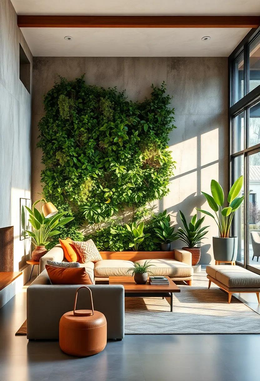 Elevate your living room ambiance with a floor-to-ceiling vertical garden that doubles as a natural room divider and a statement piece