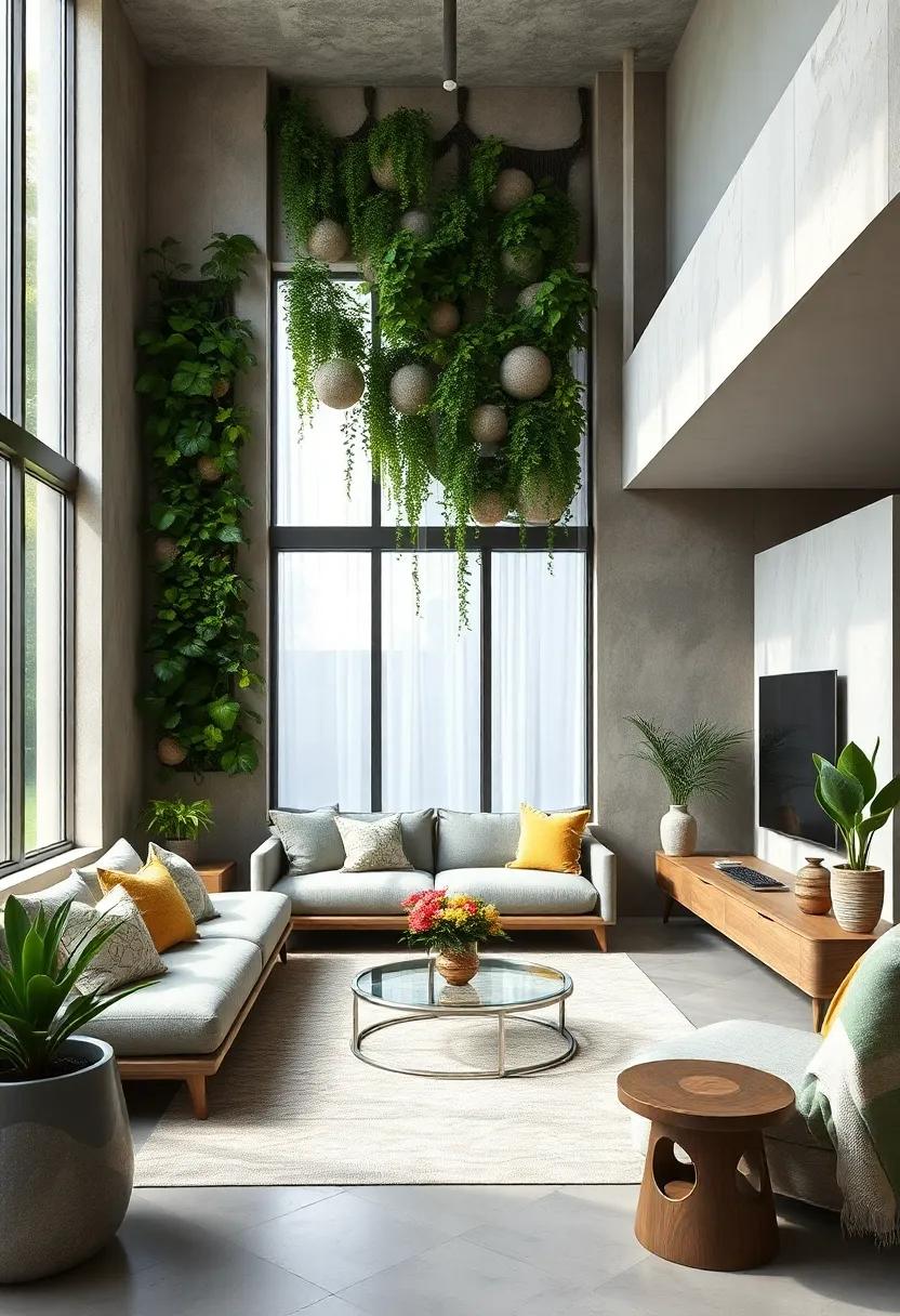 Design a zen-inspired living room using a vertical garden as a core element to invoke tranquility and balance within the space