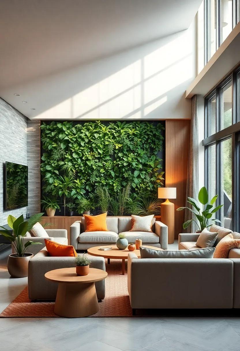 Infuse warmth into a contemporary living room by blending a vertical garden with wooden accents and subtle lighting to highlight lush foliage