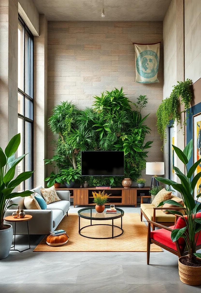 Design an eclectic living room with a vibrant vertical garden featuring a mix of tropical plants that breathe life into every corner of the space